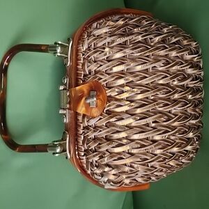 1950-60s Vintage Gold Wicker Look Woven Bag with Tortoise Shell Lucite Trim